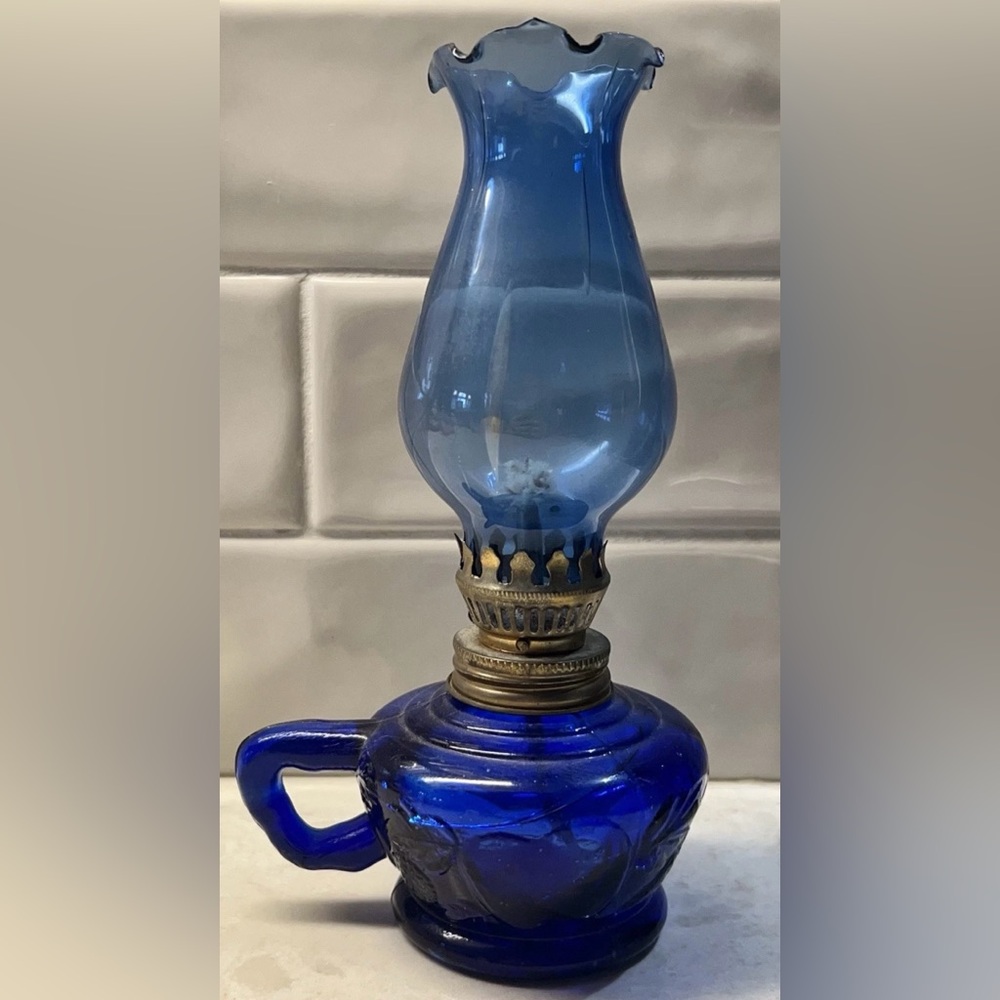 Vintage 1950s Cobalt Blue Glass 8" Tall Oil Kerosene Lamp Made in Hong Kong